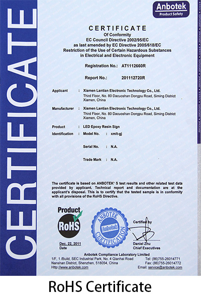 RoHS compliance certificate for LED illuminated sign letters
