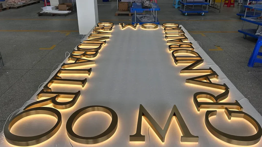 illuminated stainless steel signage in skyseen factory